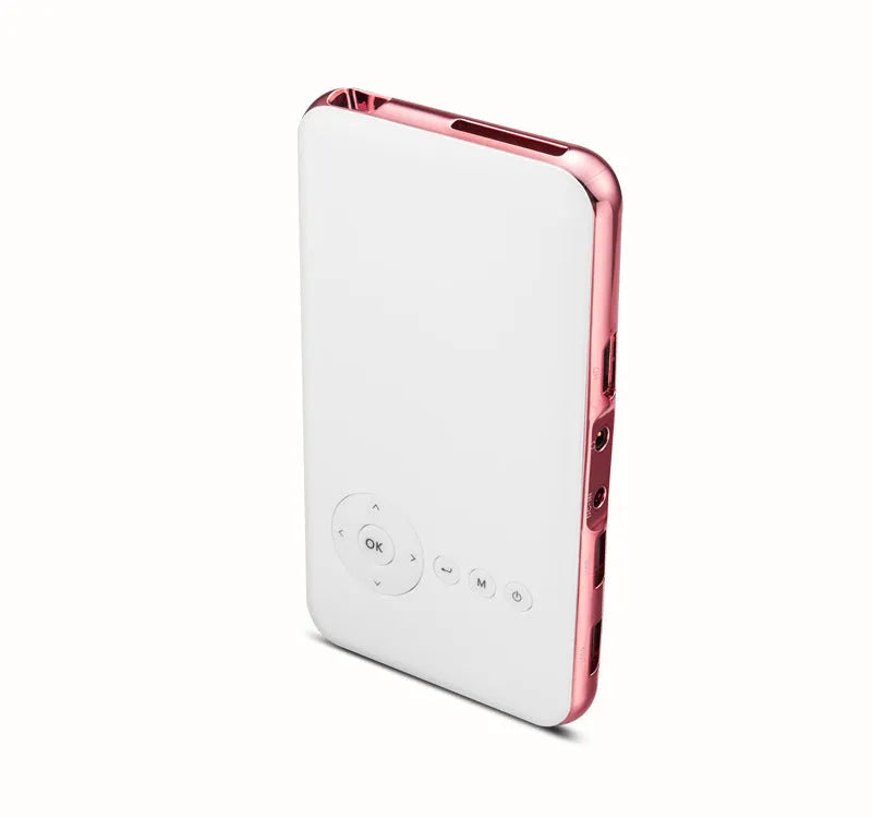 White and rose gold M6S miniature DLP Android projector showing compact 145mm size