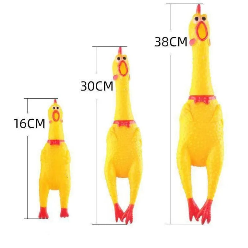 Yellow rubber screaming chicken dog toy with squeaker in three size options
