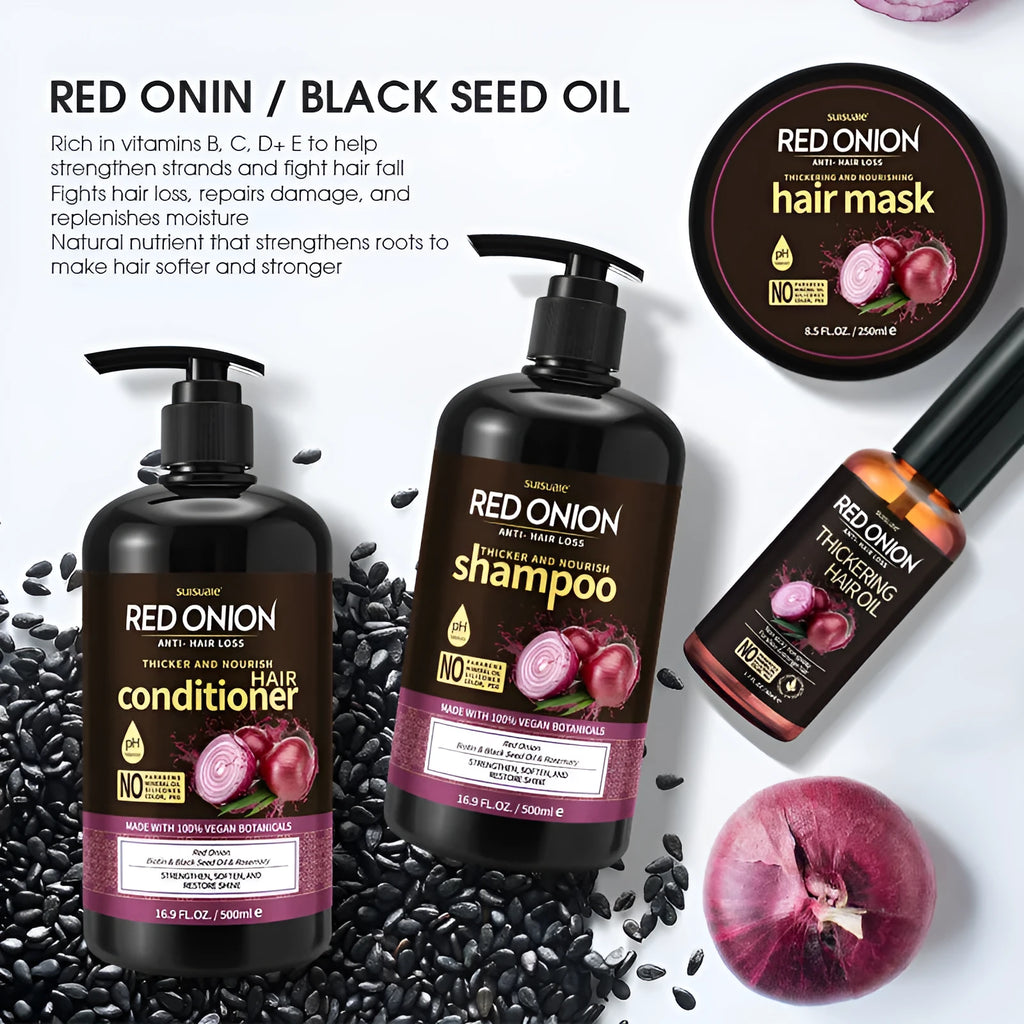 Red Onion Shampoo Conditioner 4-piece set showing shampoo, conditioner, hair mask and essential oil bottles.