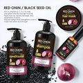 Red Onion Shampoo Conditioner 4-piece set showing shampoo, conditioner, hair mask and essential oil bottles.
