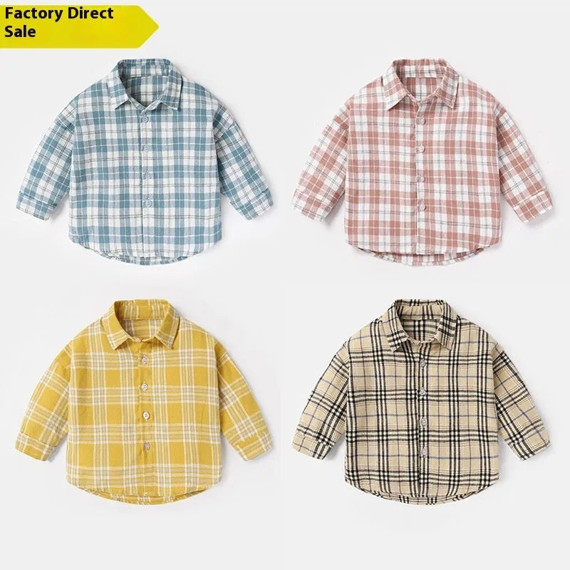 Boy's cotton lattice casual shirt with animal cartoon pattern in light blue, long sleeves.