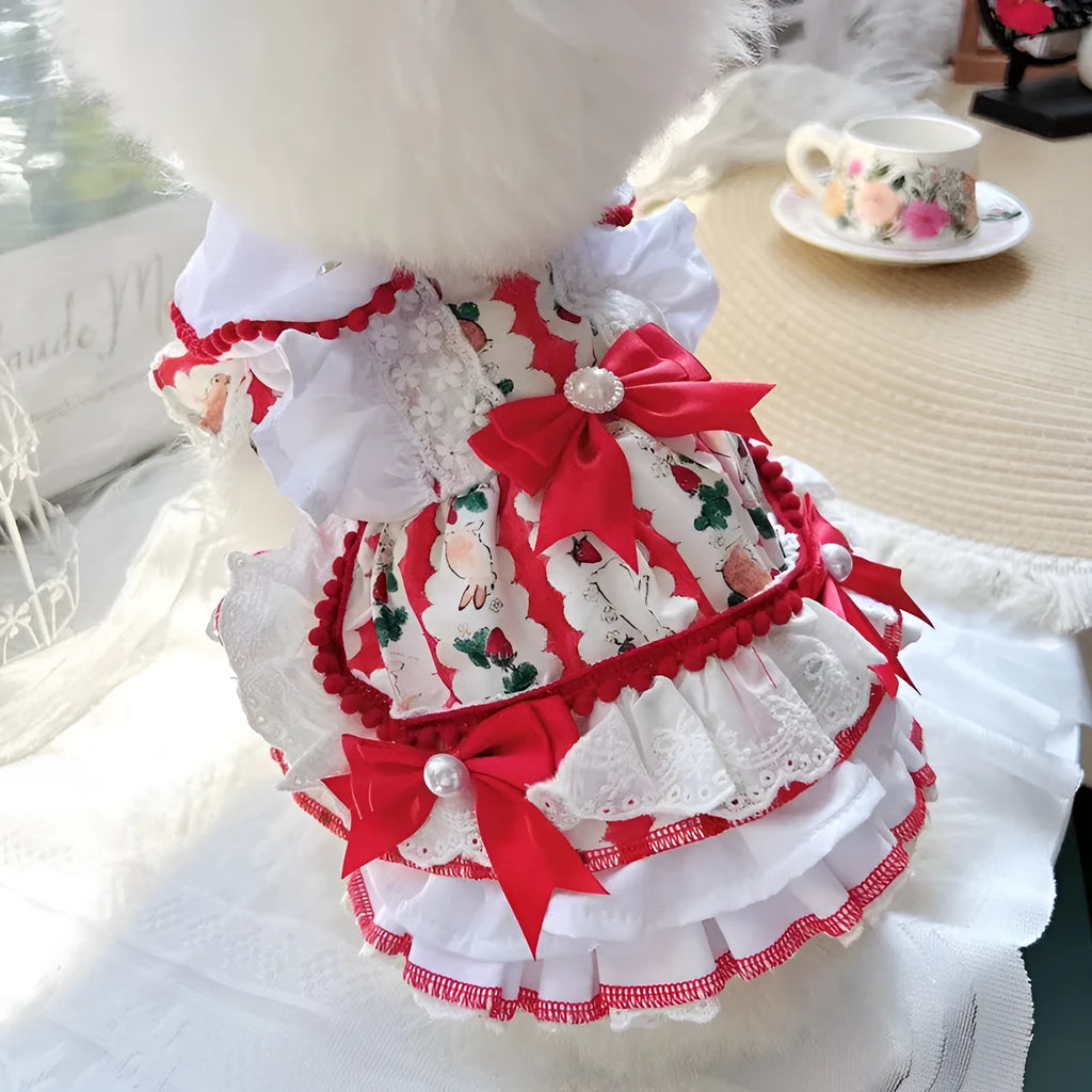 A small dog wearing a white polyester skirt with a rabbit motif, princess style.