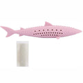 Green silicone fish-shaped cat chew toy with removable parts for catnip, shown on a white background.