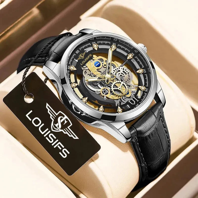 Swiss quartz men's business watch with double-sided hollow design showing gold case and brown leather strap
