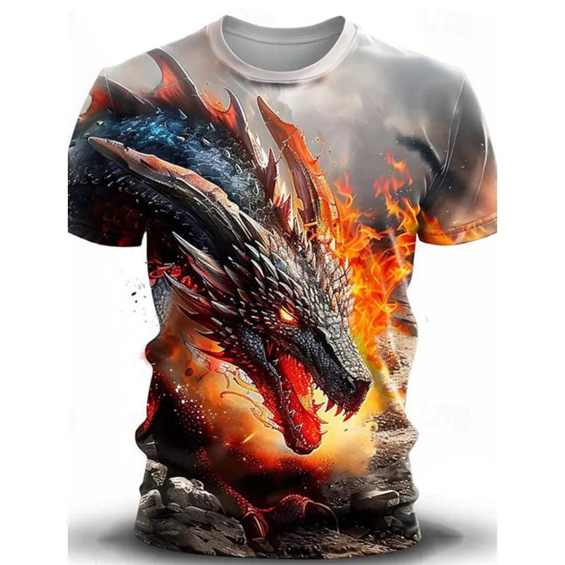Men's grey T-shirt with a large blue 3D wind dragon print on the chest, short sleeves.