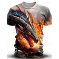 Men's grey T-shirt with a large blue 3D wind dragon print on the chest, short sleeves.