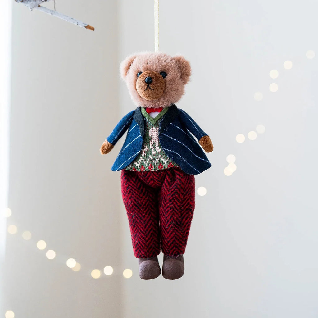 Cartoon plush bear doll couple in cotton plaid suits, showing gentleman bear and princess bear side by side