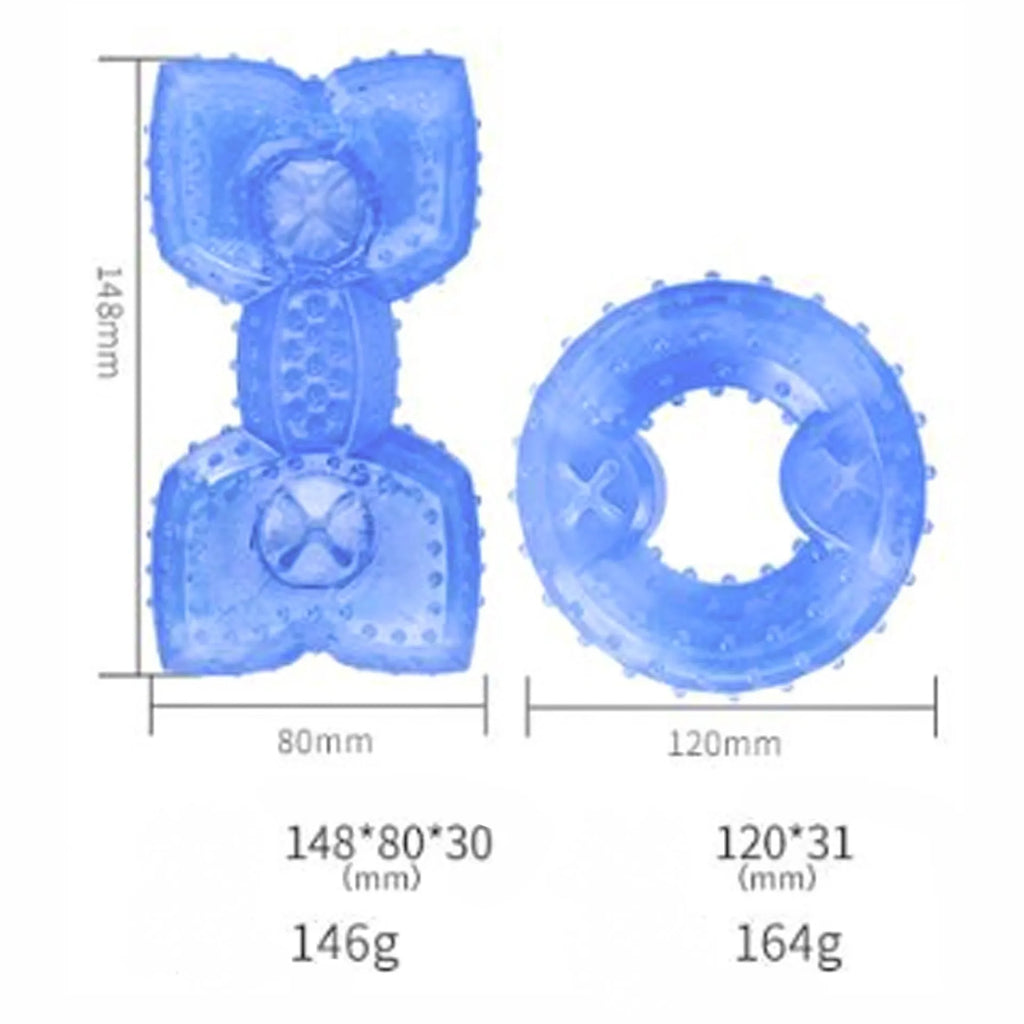 Freezable non-toxic dog chew toy in bone and circle shapes for teething and cooling.