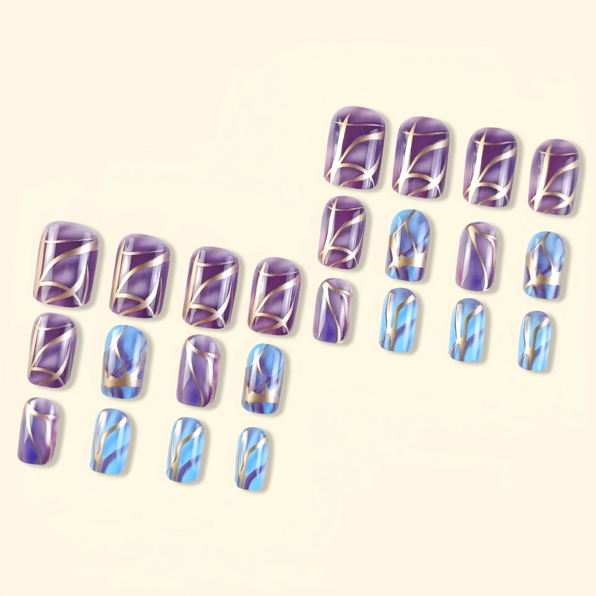 Purple striped nail art stickers in mid-length European American style on a fingernail.