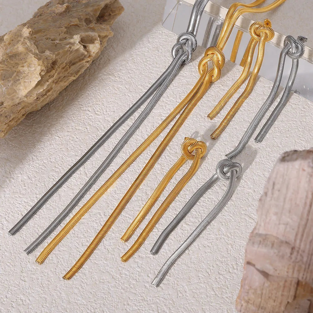 Gold titanium steel knotted tassel necklace and matching earrings set with snake chain