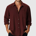 Men's loose-fit polyester beach shirt with stand collar and long sleeves in various colour options.