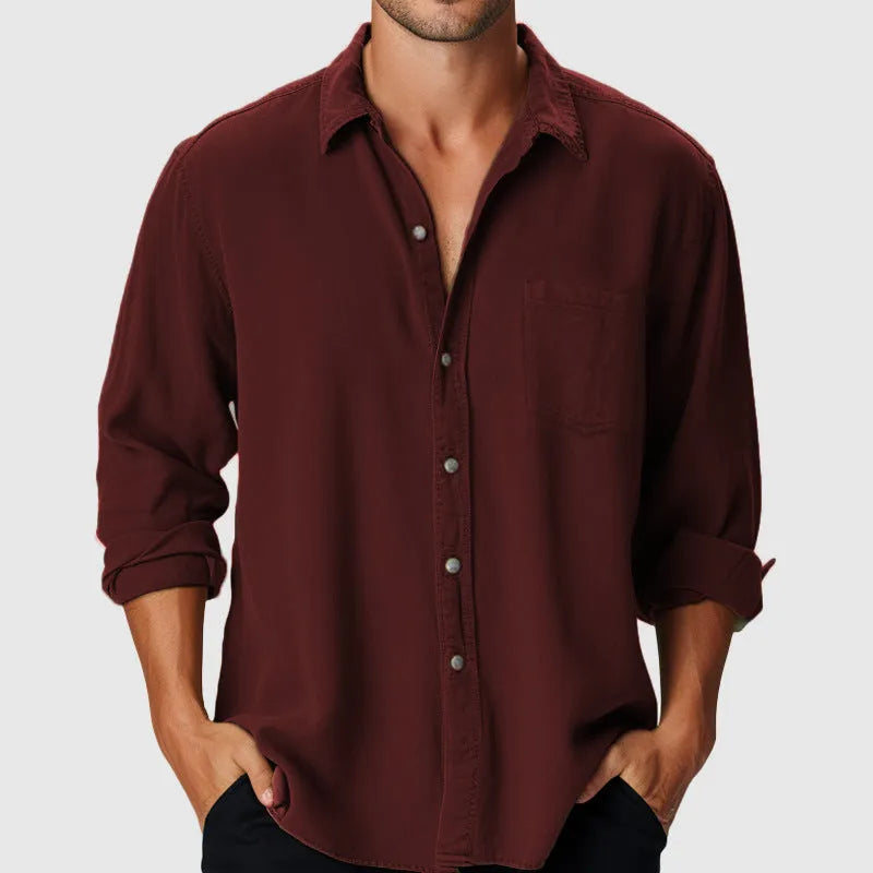 Men's loose-fit polyester beach shirt with stand collar and long sleeves in various colour options.