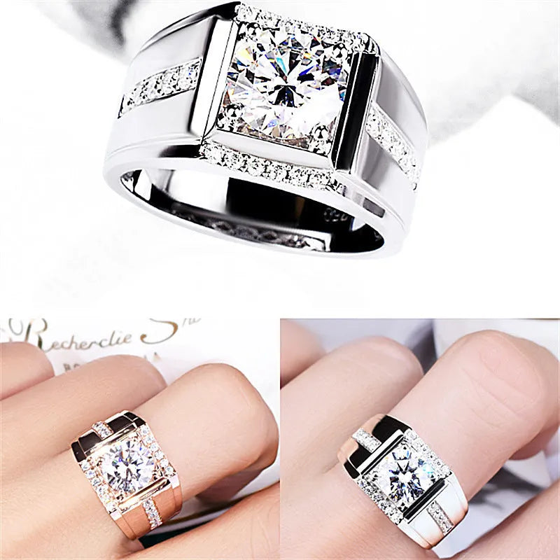 Men's adjustable ring with geometric diamond zircon design in electroplated metallic finish
