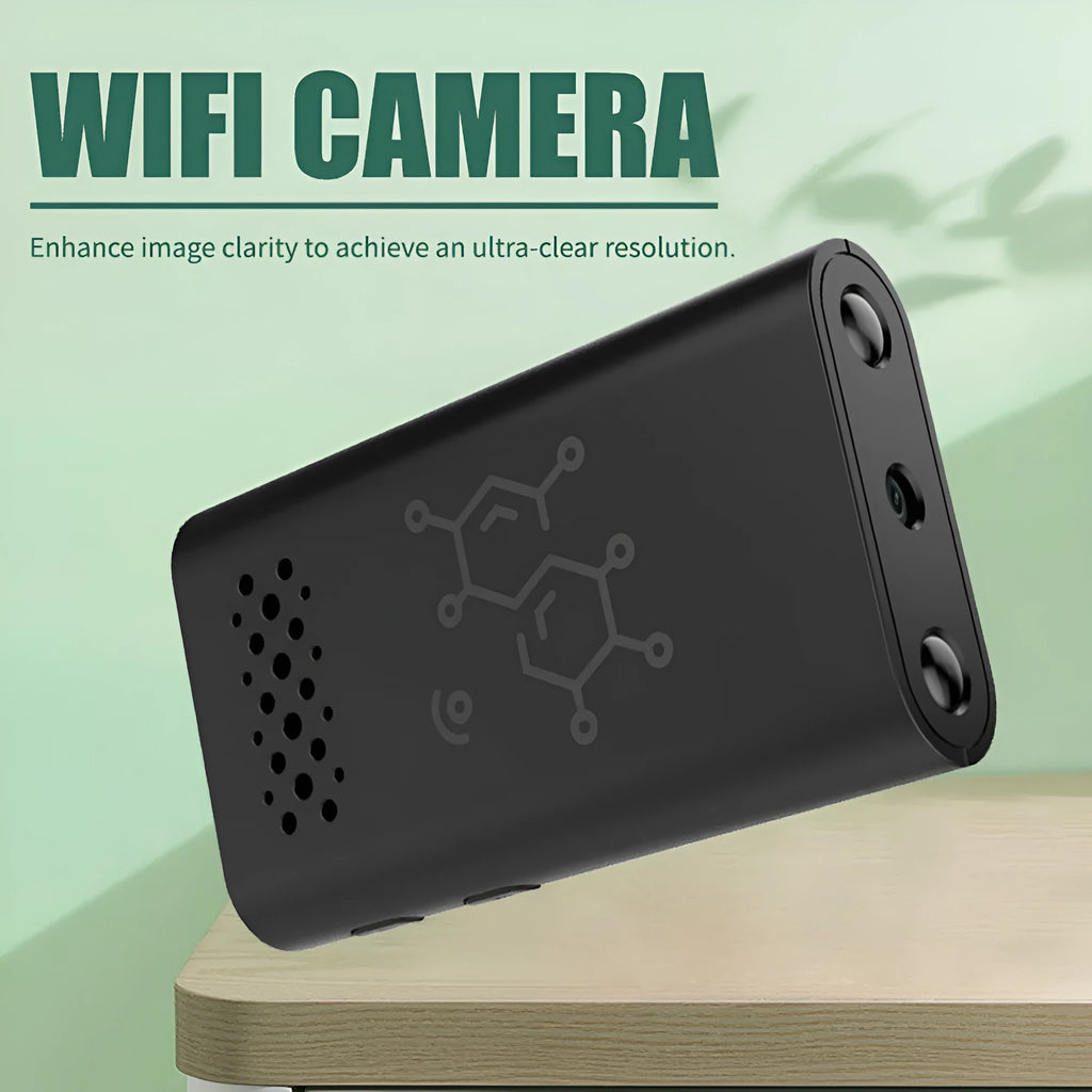 Black smart indoor security camera with WiFi for mobile phone viewing.