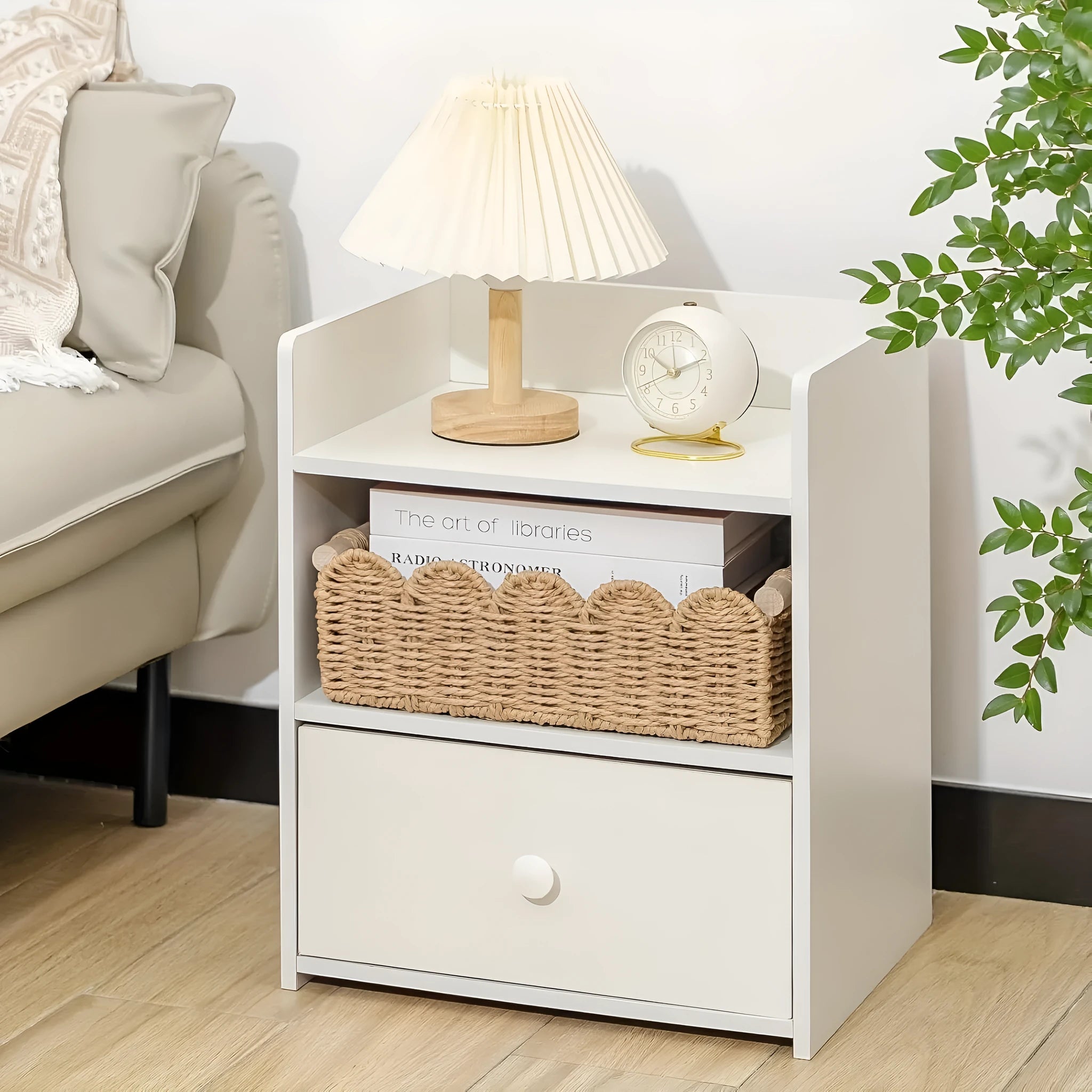 Paper woven storage basket in khaki colour on a table, dimensions 35.5 cm by 16 cm by 10 cm.