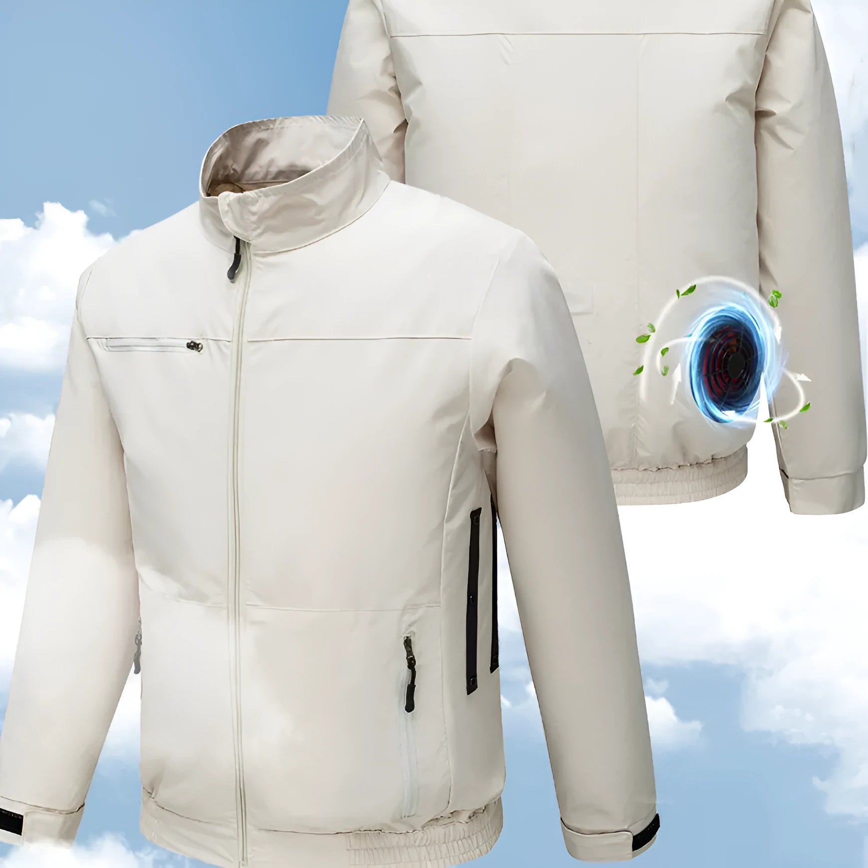 Men's smart air conditioning cooling jacket showing ventilation holes and portable fan compatibility