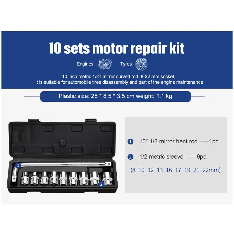 Cr-V chromium vanadium steel socket ratchet wrench set for home and auto repair in a case.