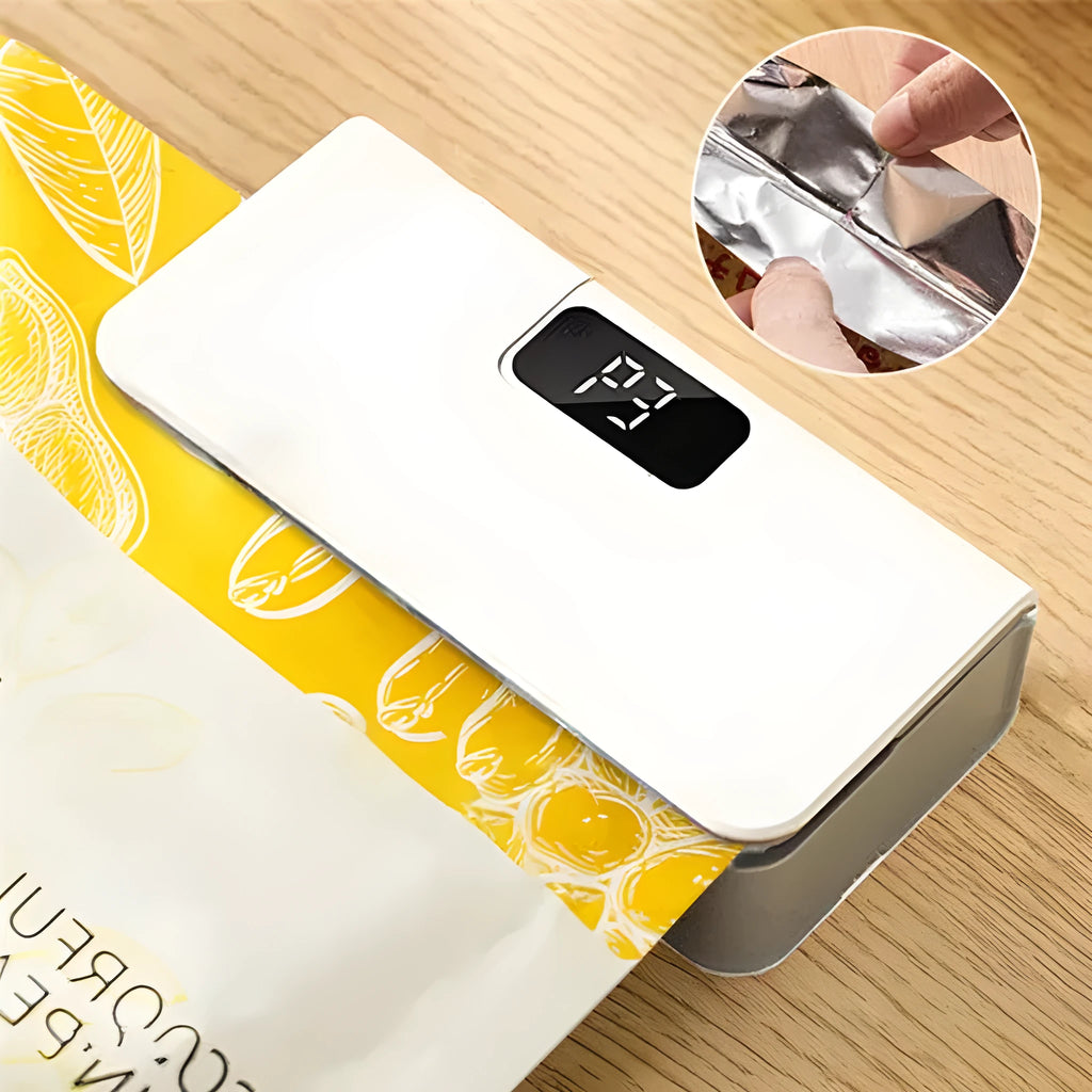 Small portable mini heat sealing machine for plastic food bags in white or blue