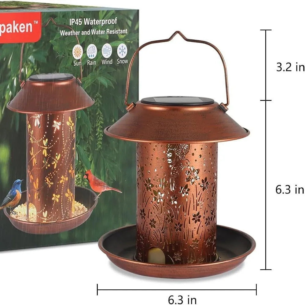 Solar-powered iron bird feeder with hummingbird pattern and LED lights for outdoor garden use