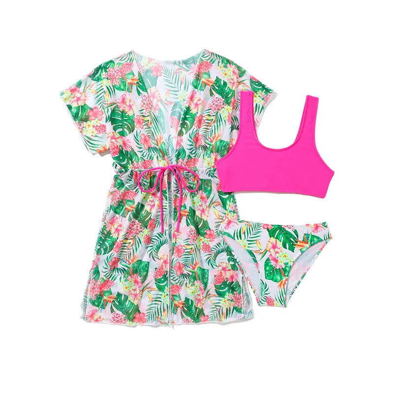 Girls floral two-piece swimsuit briefs in a Korean style, sizes 130cm to 160cm.