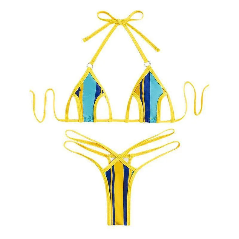 Yellow women's split swimsuit with neck-hanging hollow design and high-waist backless styling