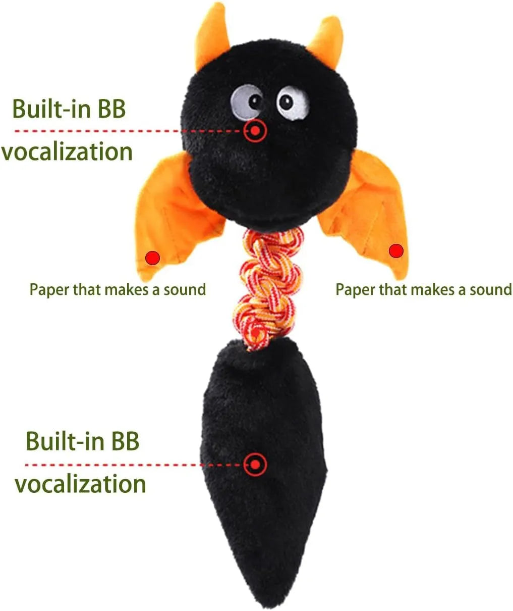 Soft rabbit fleece plush dog toy with squeaker and rope, in black, green, or red, measuring 44 cm long.