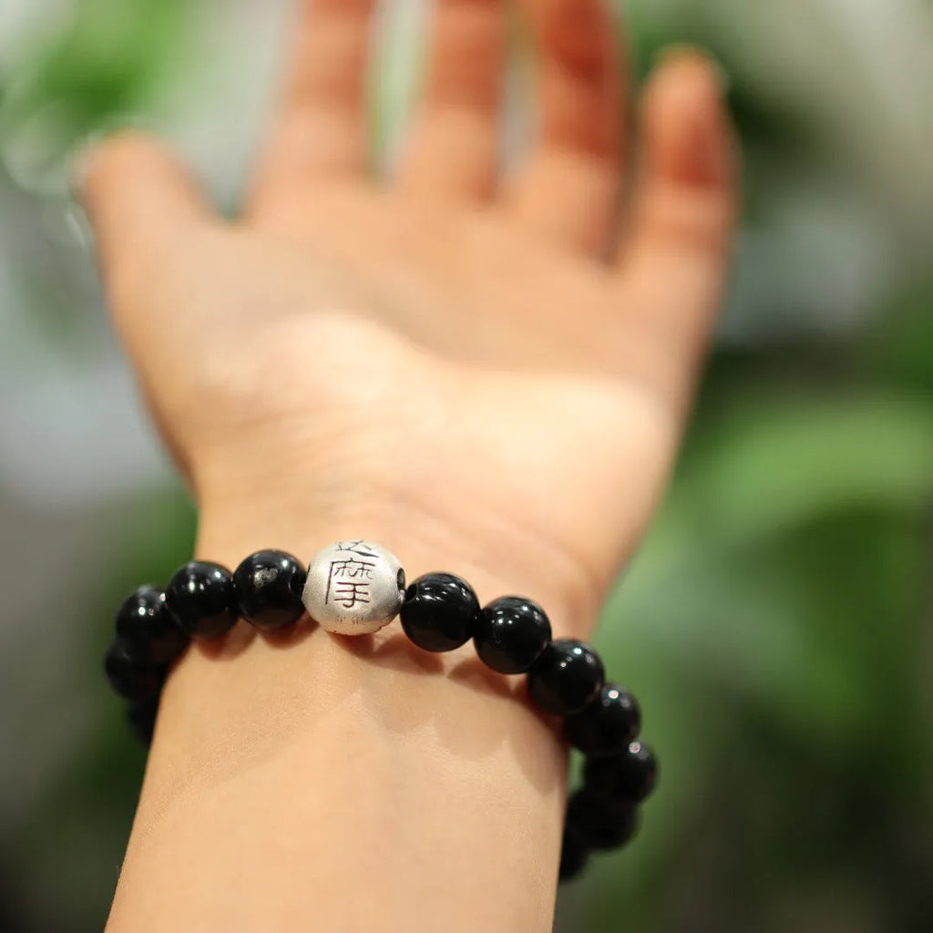 Natural 10MM black agate beaded bracelet with 999 sterling silver accents in Chinese style