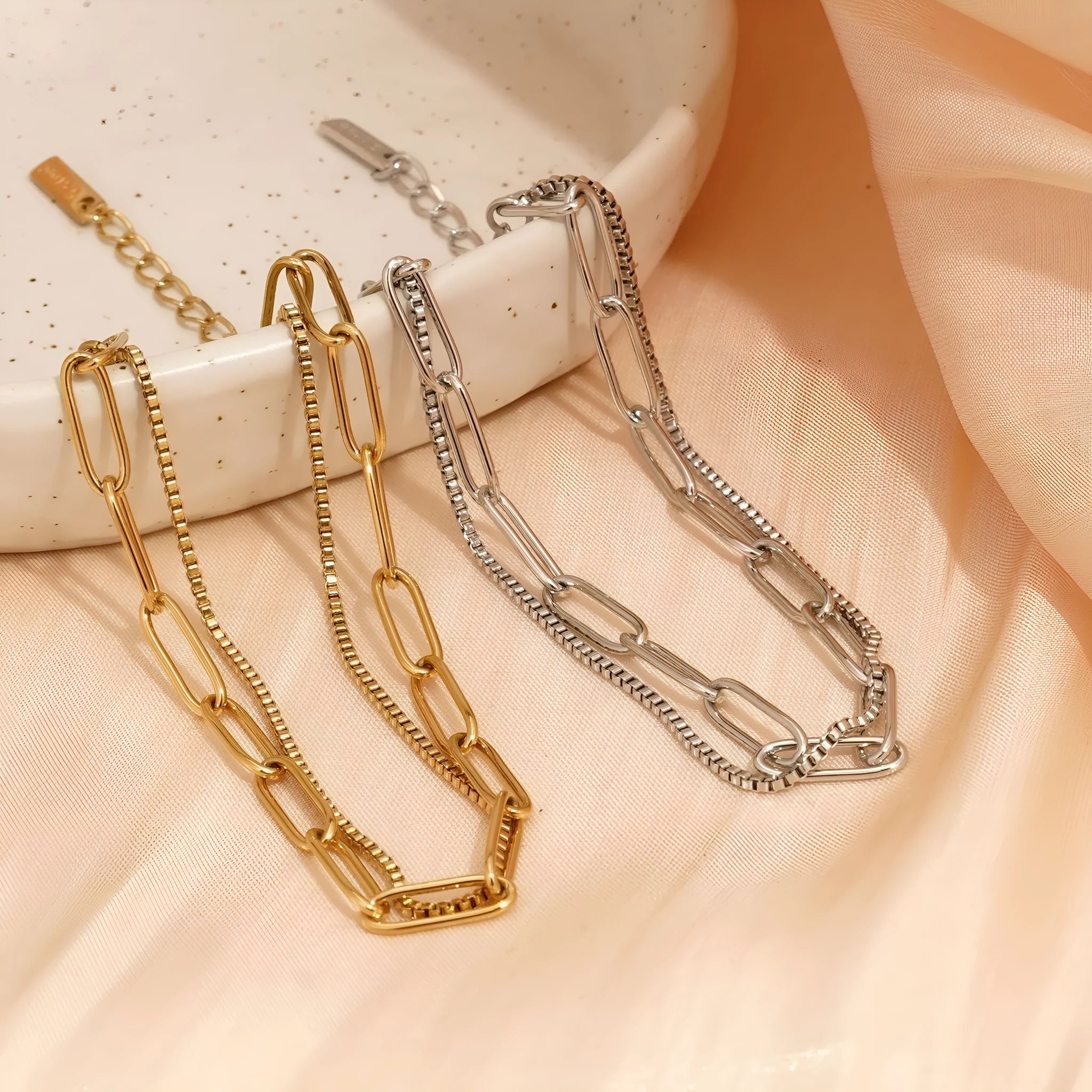 Double-layer titanium steel women's bracelet with geometric shape and linear design elements in gold or silver finish