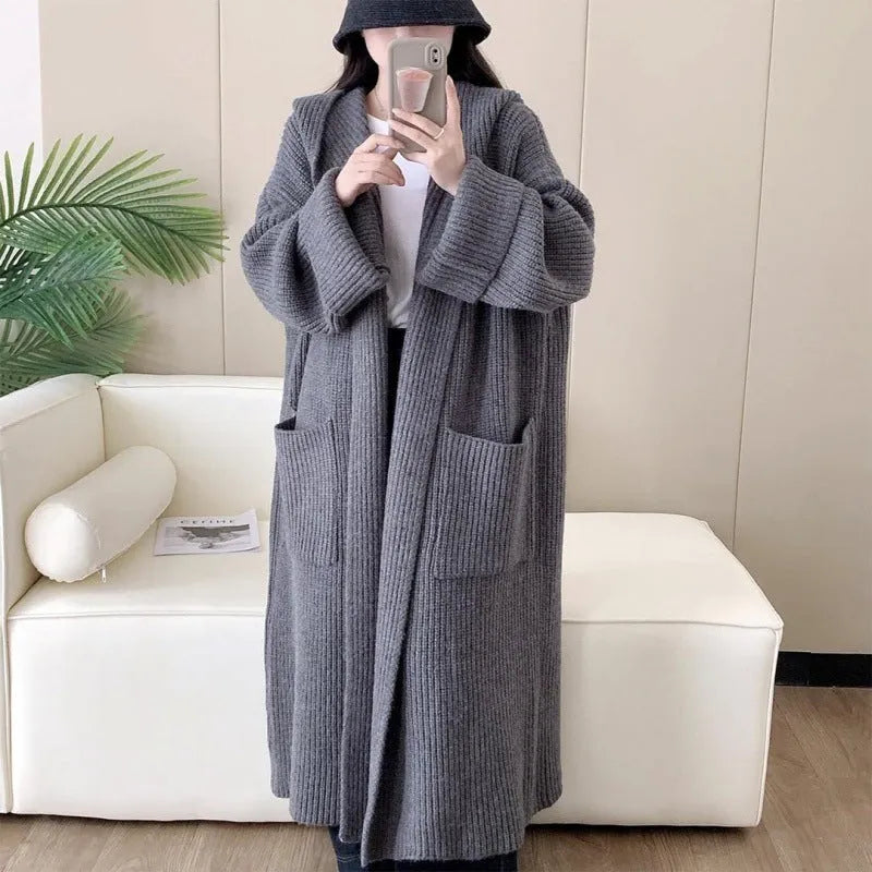 Women's loose hooded sweatshirt cardigan coat in acrylic fabric with extended 80cm length
