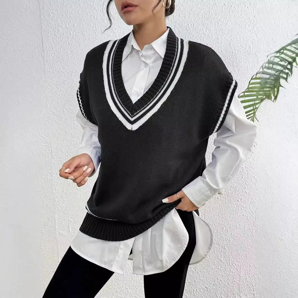 Women's college style wool vest sweater in acrylic-polyester blend available in black, blue, coffee colours