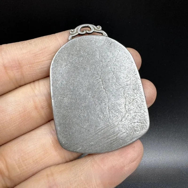 Iron metal hanging pendant with Chinese geometric design featuring Buddhist deity motif