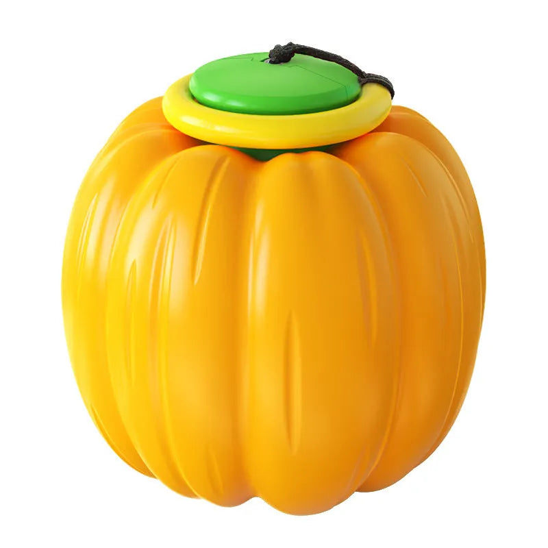 Orange pumpkin-shaped plastic dog chew ball with a squeaker for small dogs and teething puppies.