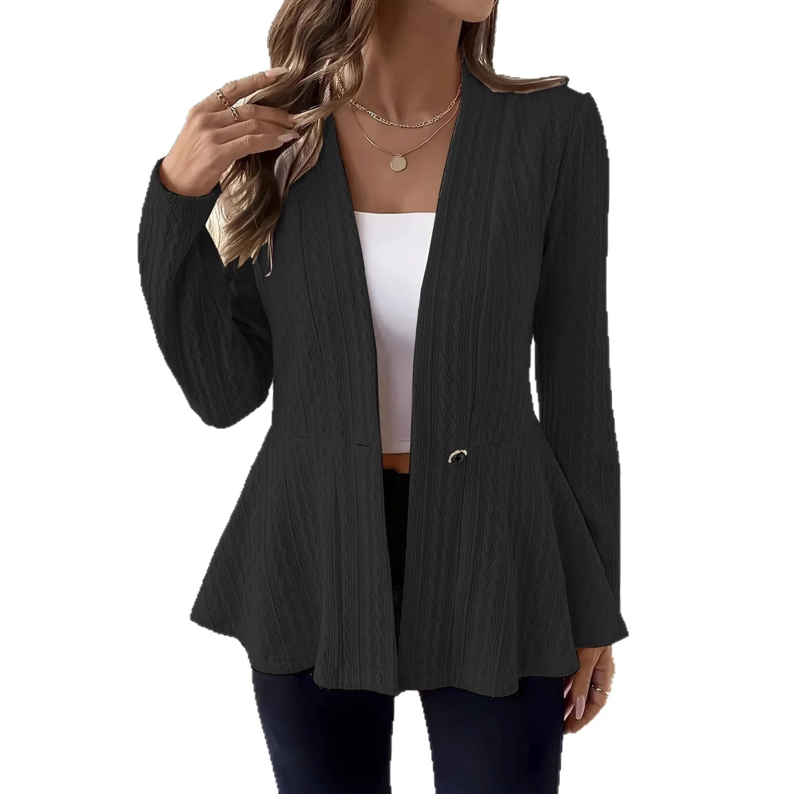 Women's apricot knitted cardigan with one button and jacquard texture on hanger