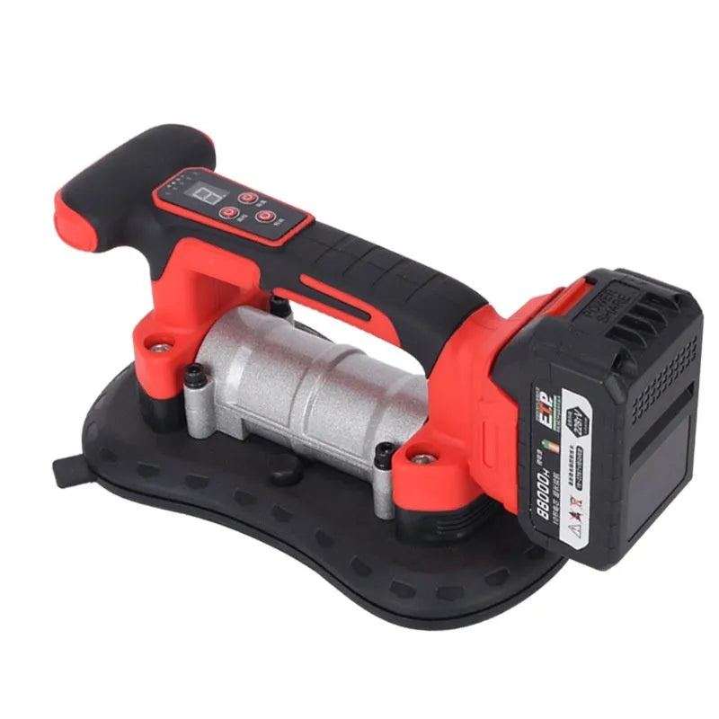 21V cordless tile laying machine with adjustment dial, shown with batteries for automatic tile pasting.