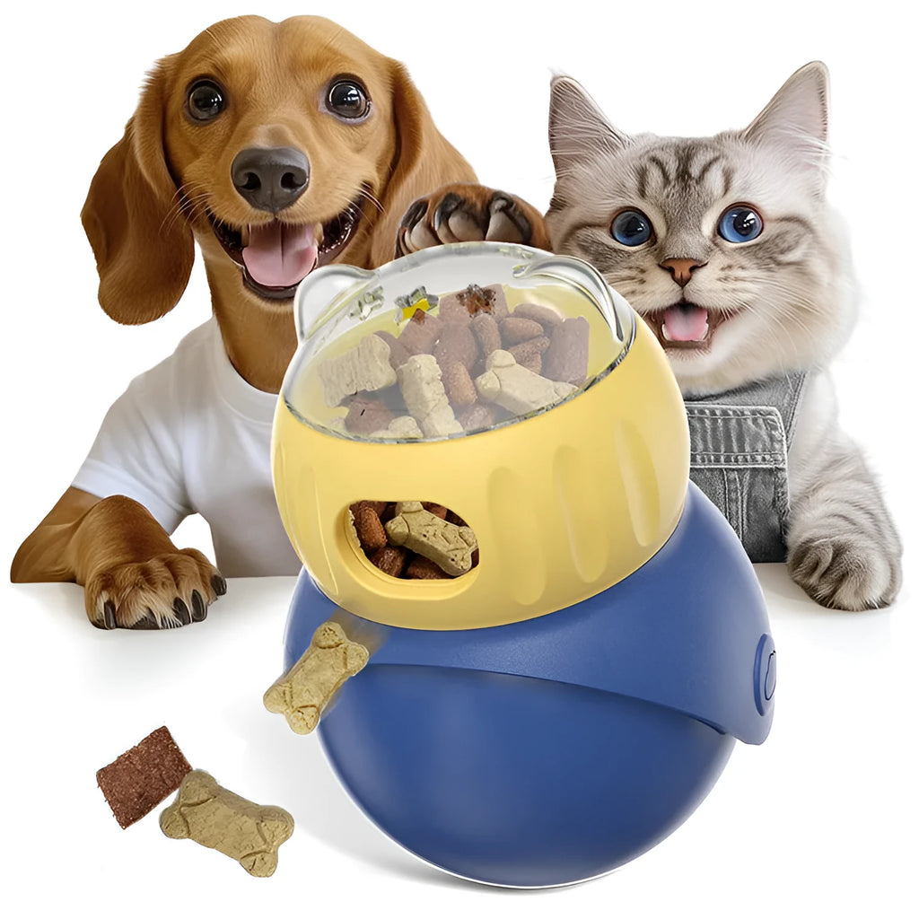 Morandi yellow and blue plastic tumbler owl cat puzzle feeder with food dispensing mechanism