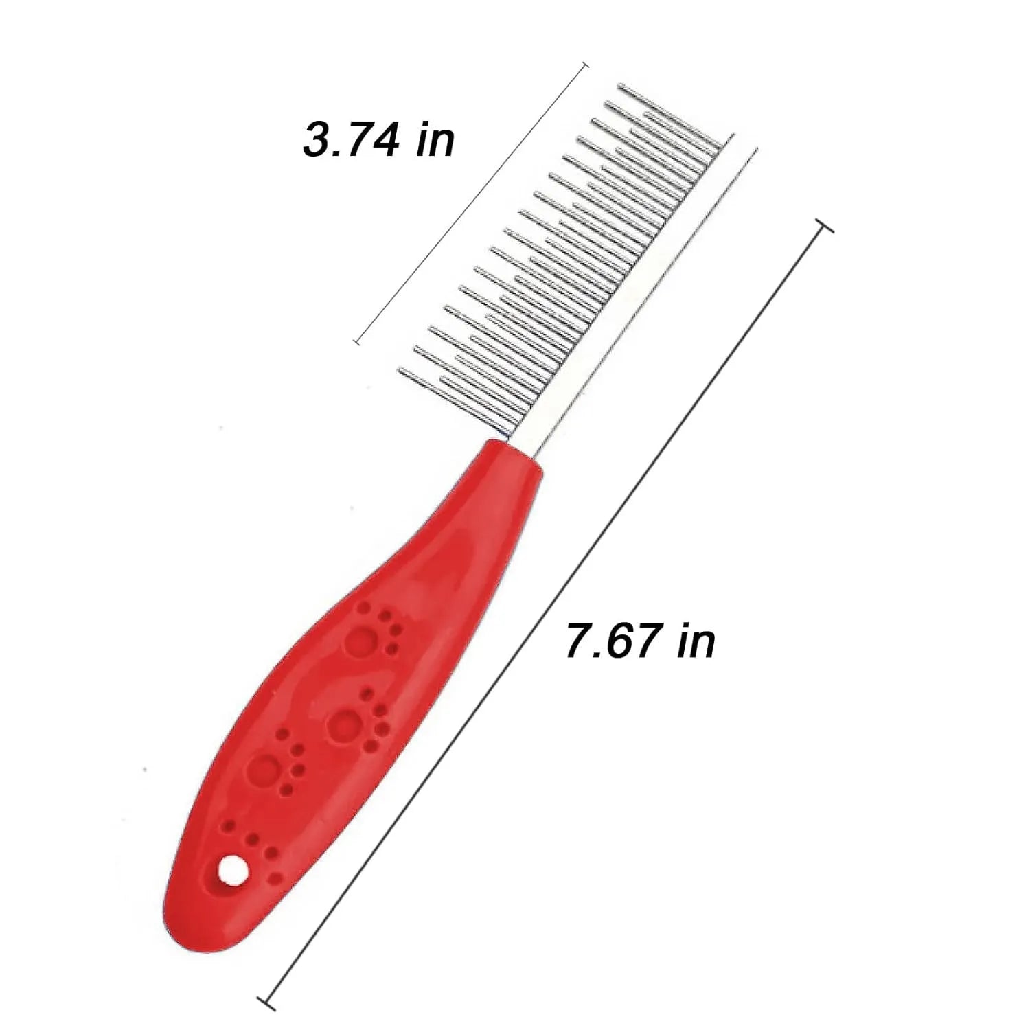 Red pet grooming comb with mixed short and long stainless steel pins and a plastic handle.