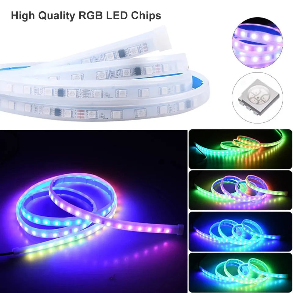 GM car LED grille lighting strip kit in choice of lengths and colours including white, red, blue, and colourful streamers.