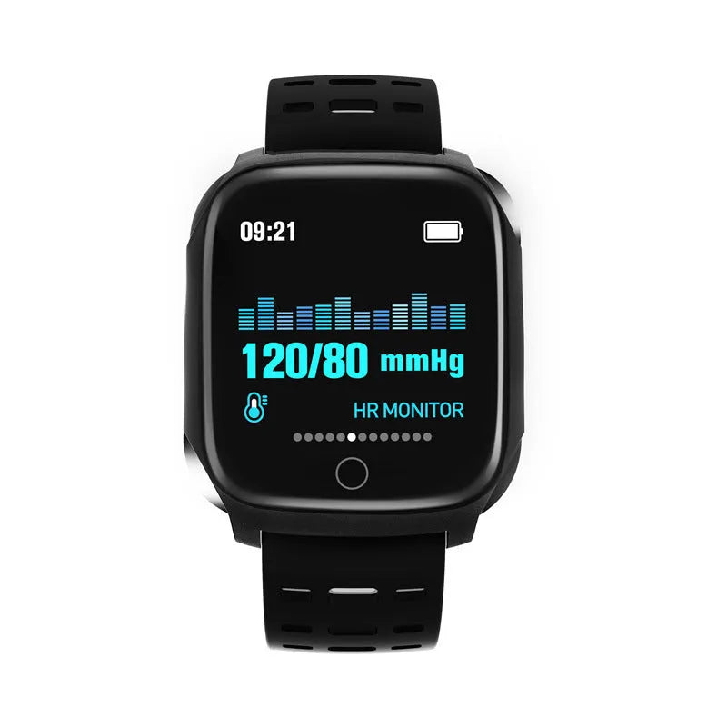 F16 smart watch with ECG monitor on wrist, showing black green silicone band and 43mm IPS display.