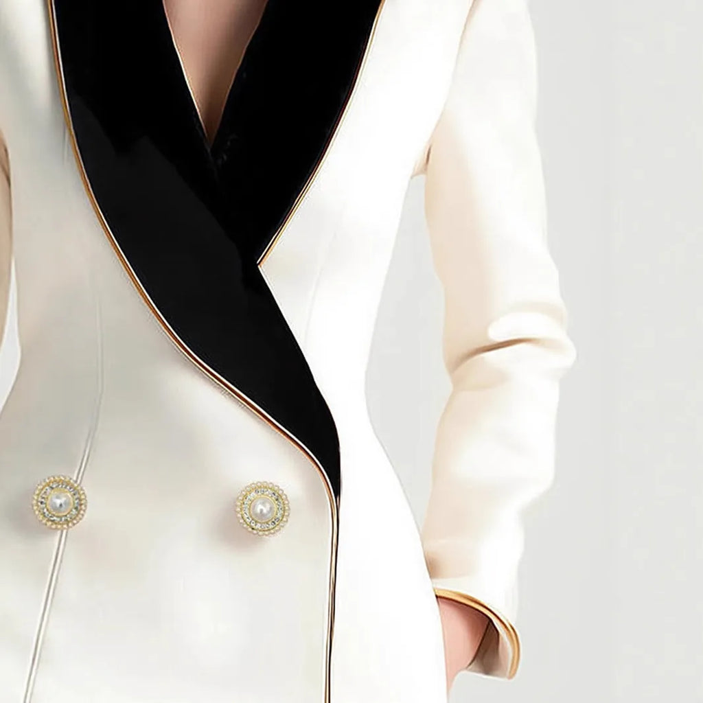 Women's milky white polyester coat with golden edge pearl buttons and irregular hem design