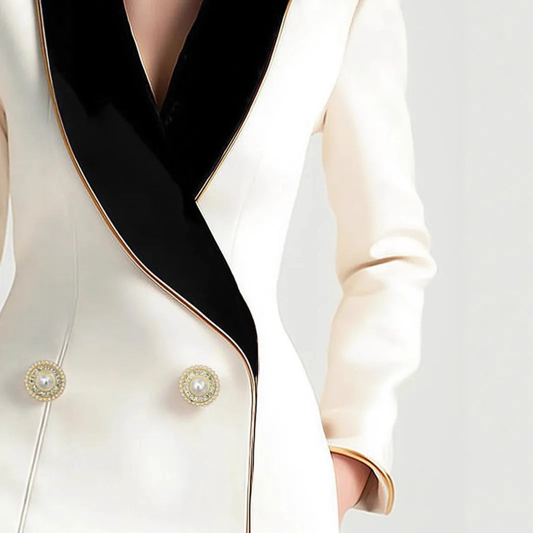 Women's milky white polyester coat with golden edge pearl buttons and irregular hem design