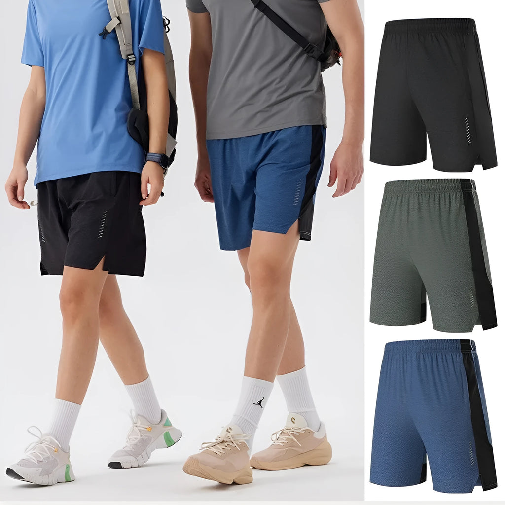 Men's five-point spandex shorts in forest green, showing casual styling and mid-waist design