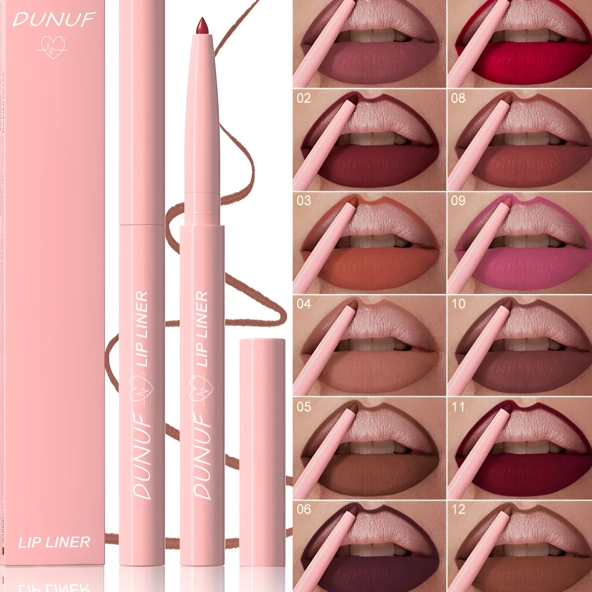 A Velvet Matte Lip Liner pencil shown alongside swatches of its twelve available colour shades.
