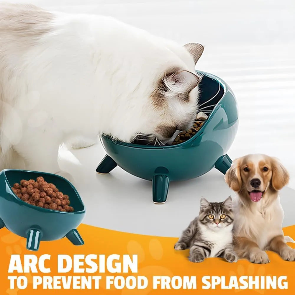Green ceramic cat food bowl with four-legged stability base and wide mouth opening
