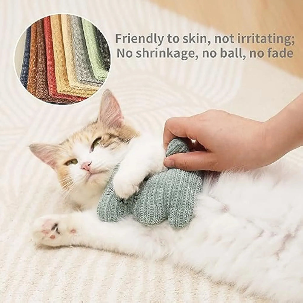 Cyan and light coffee plush catnip chew toy with bell for cats on a plain background