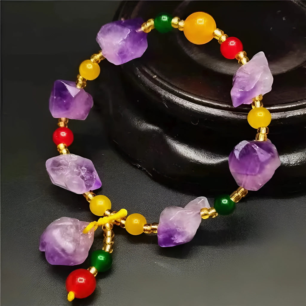 Natural amethyst bracelet with fu character engraving on purple gemstone beads