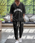 Cropped sleeve V-neck jacket and matching trousers suit set in thin polyester fabric