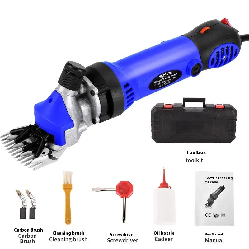 Yellow electric wool shearing tool with 110V plug and multiple knife sets in a plastic storage case.