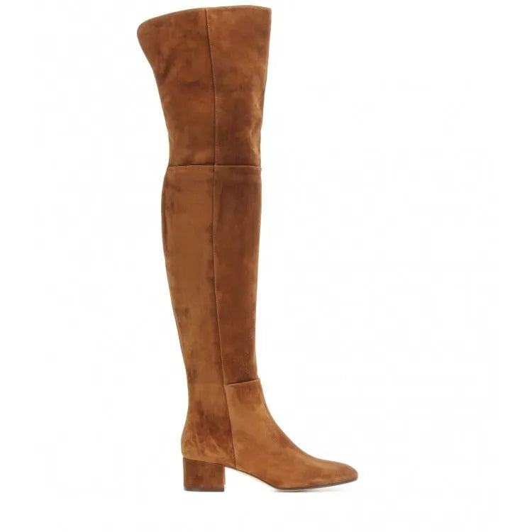 Women's grey suede over-the-knee flat boots with pointed toe and low thick heel
