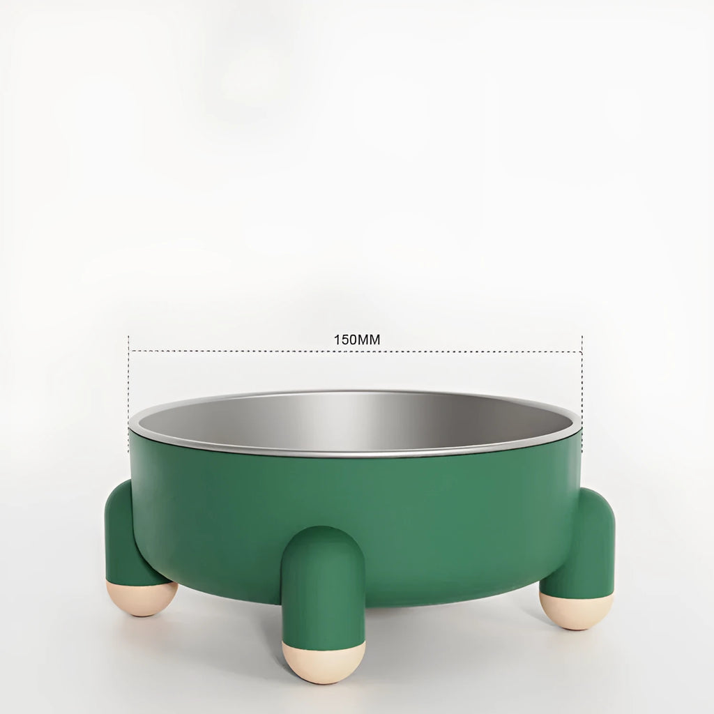 Green stainless steel pet bowl with a non-slip base and high foot for dogs and cats.