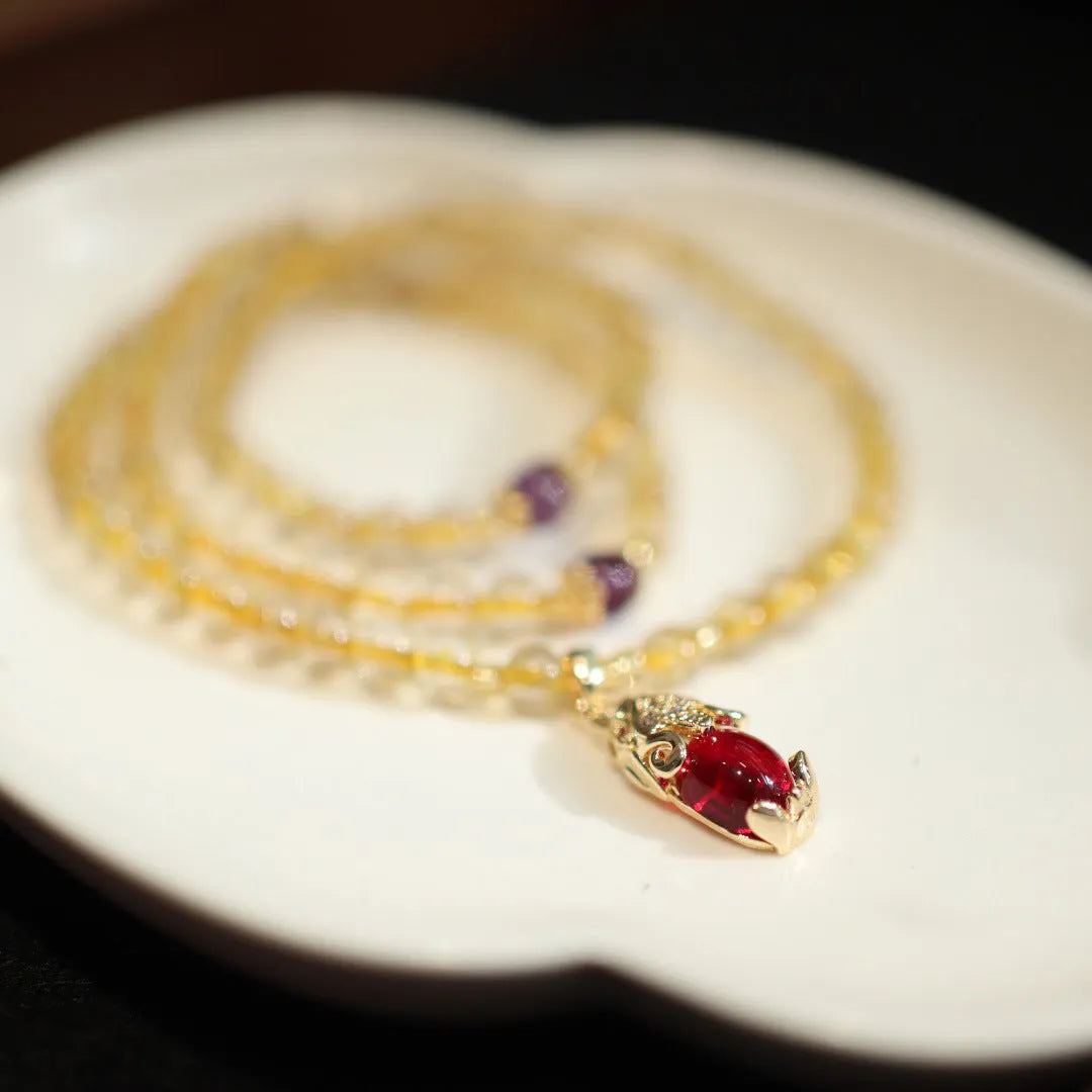 Natural Brazil gold rutilated quartz bracelet with three ring gold design and Chinese style manual crafted beads